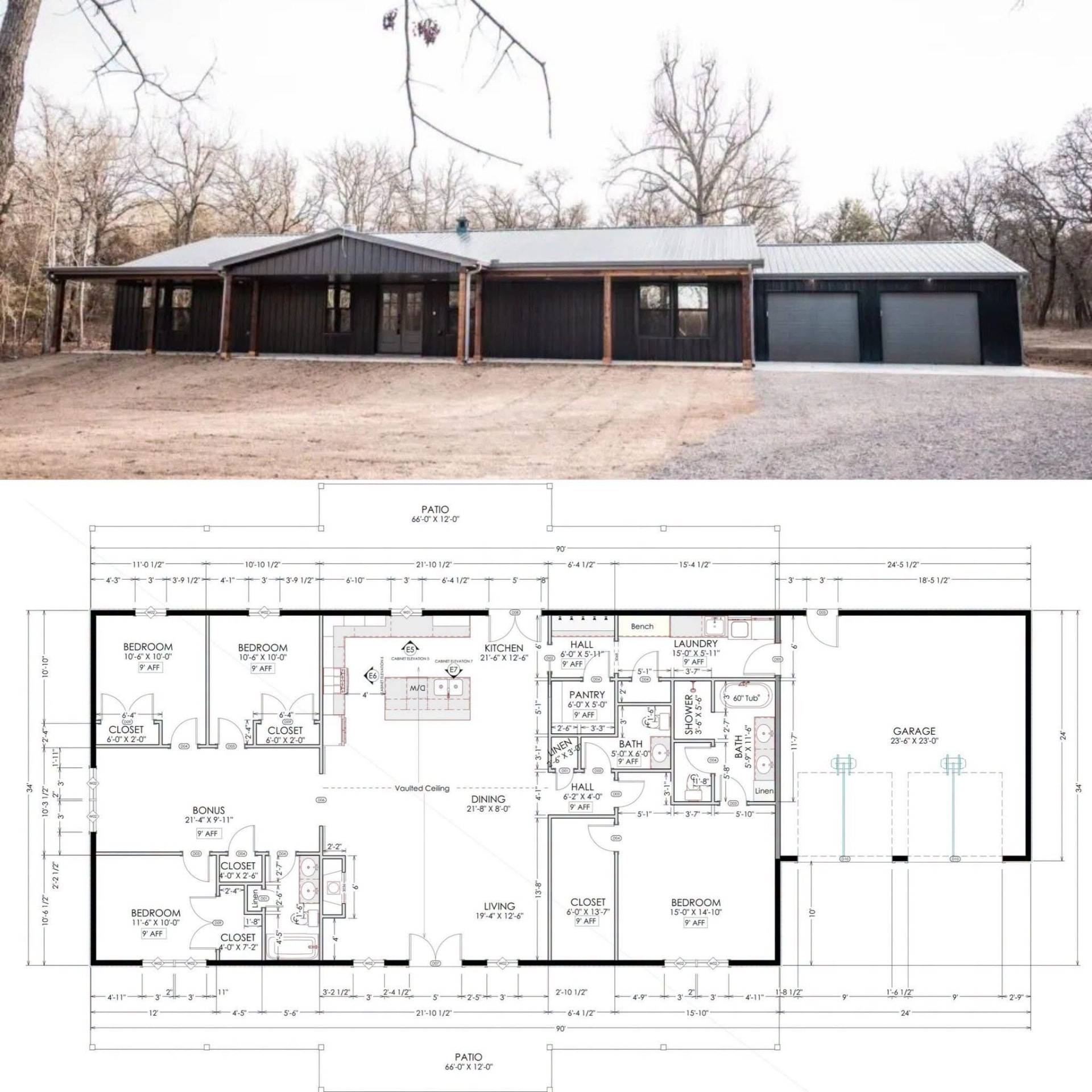 Black metal barndominium with attached two-car garage above a four-bedroom floor plan with bonus room, vaulted dining, laundry, and covered patios