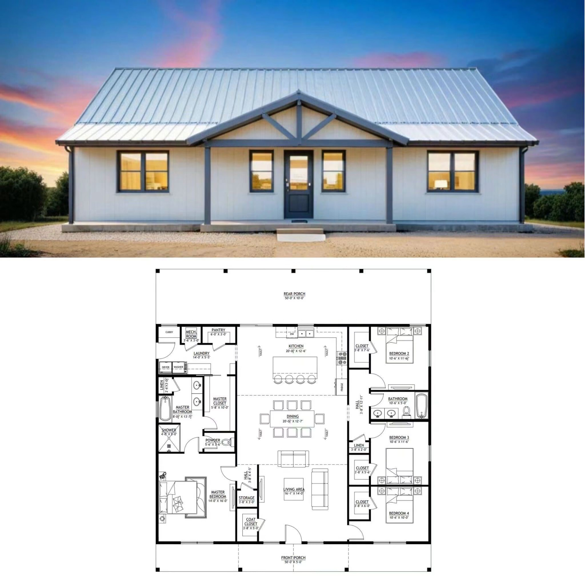 White metal home with truss porch above a four-bedroom floor plan with master suite, vaulted kitchen and dining, laundry, and front and rear porches