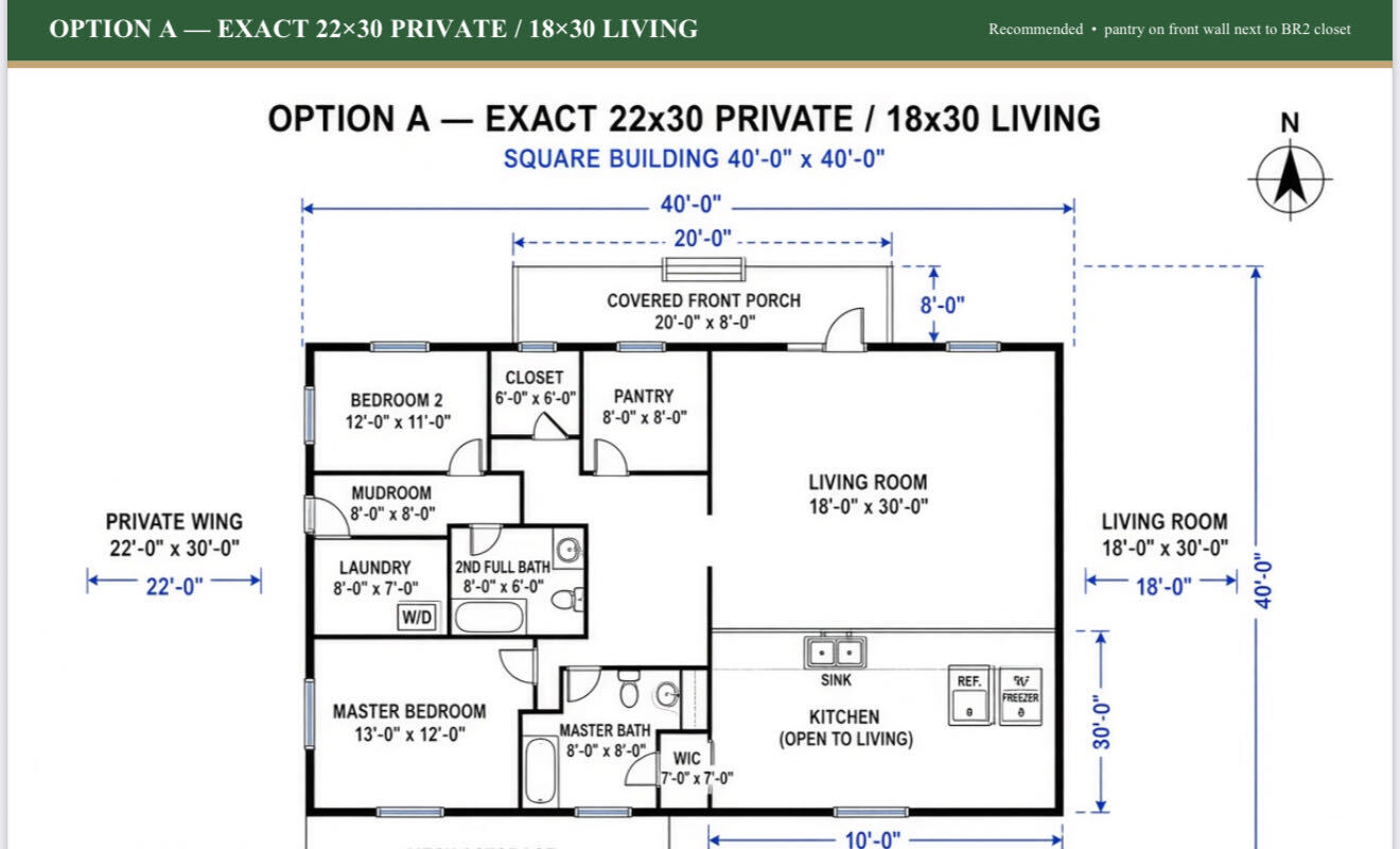 Two-bedroom 40 by 40 foot floor plan with an open kitchen and living area