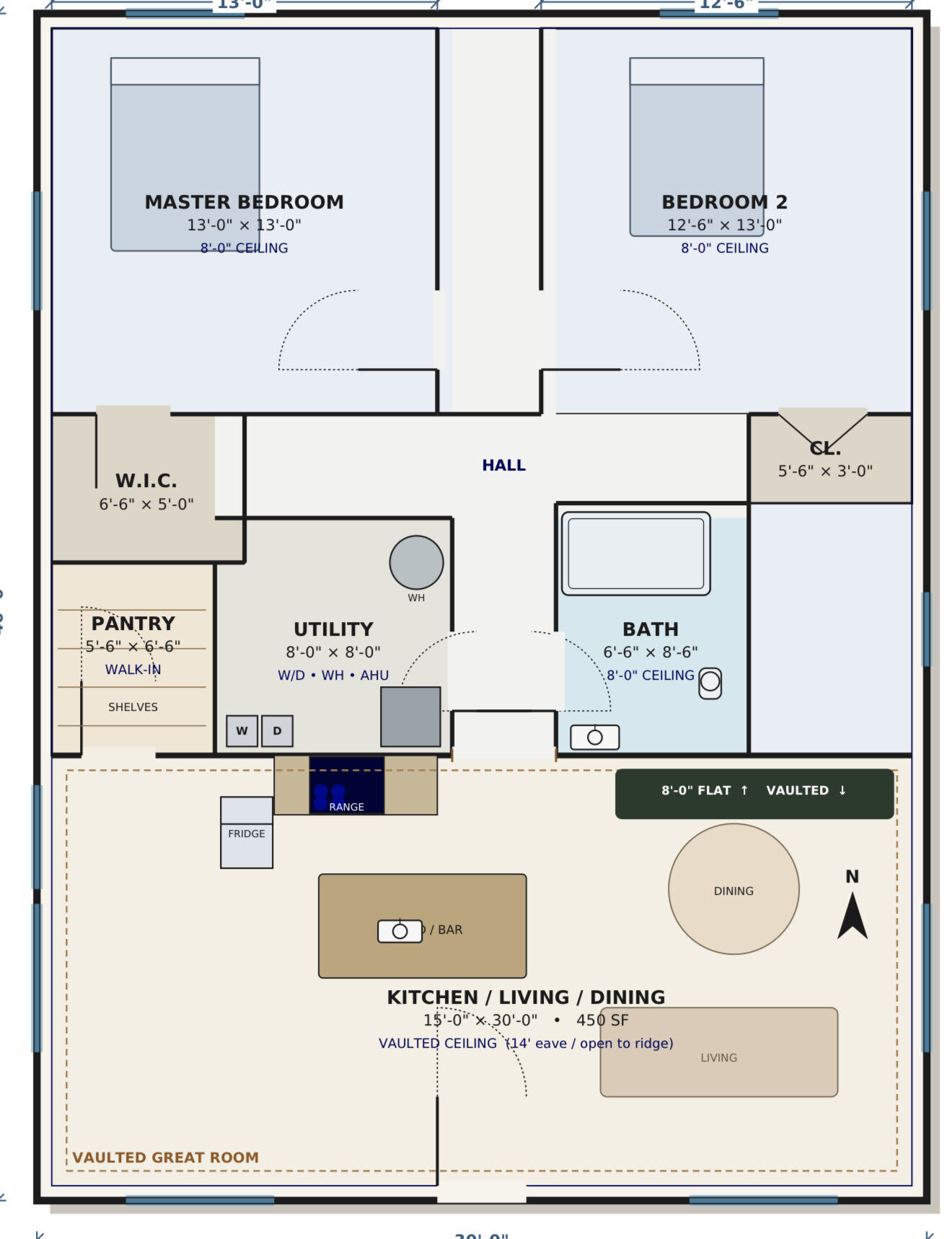 Two-bedroom floor plan with a shared bath, walk-in pantry, utility room, and vaulted kitchen, living and dining great room