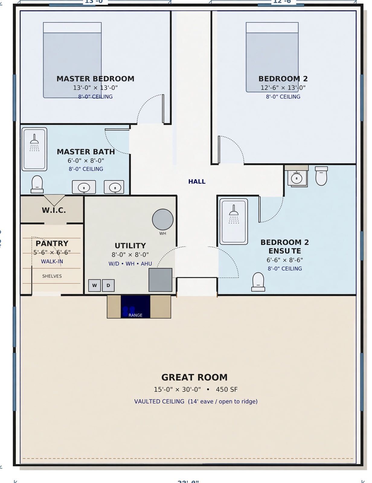 Two-bedroom floor plan with master bath, second bedroom ensuite, walk-in pantry, utility room, and vaulted great room