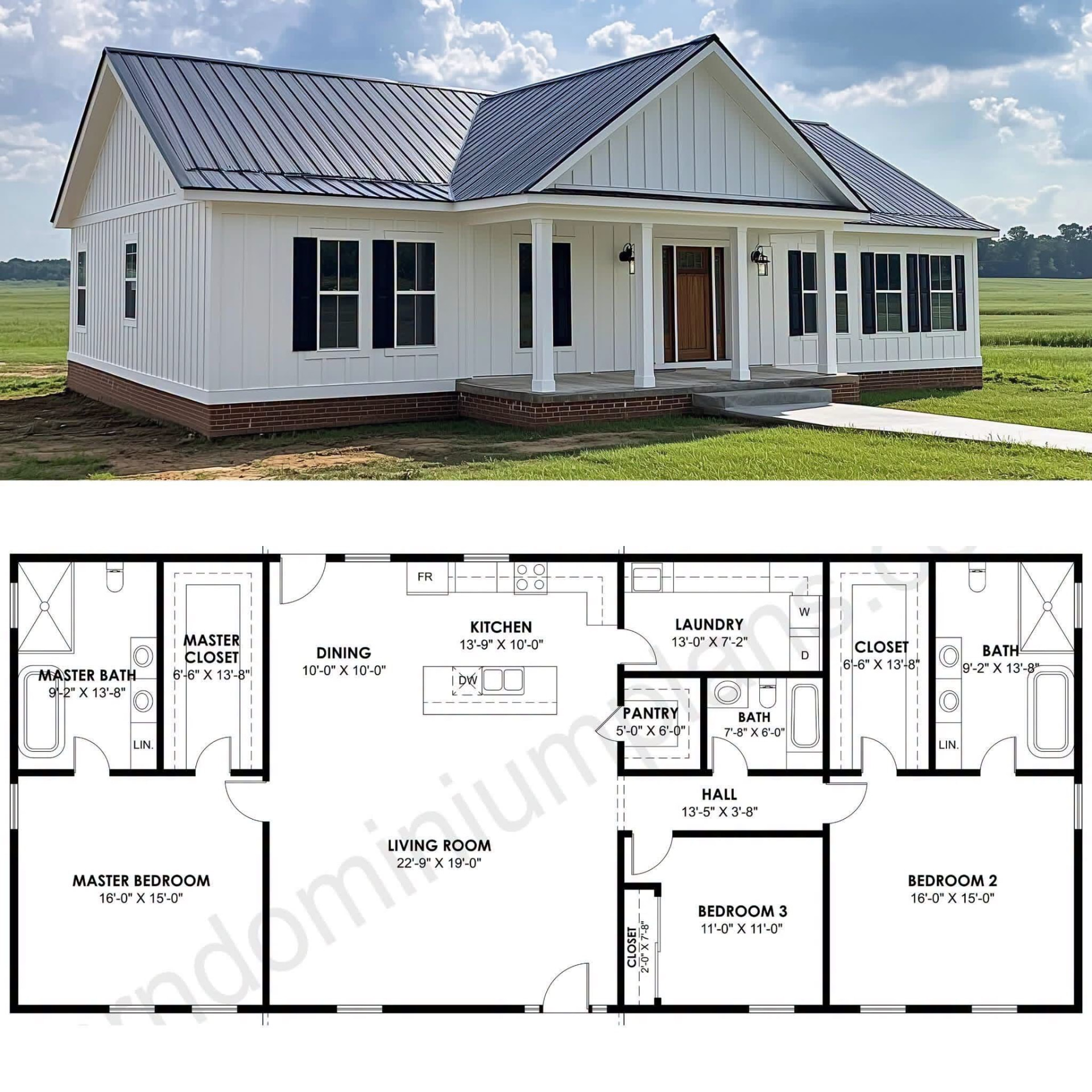 White three-bedroom farmhouse concept with a covered porch and floor plan
