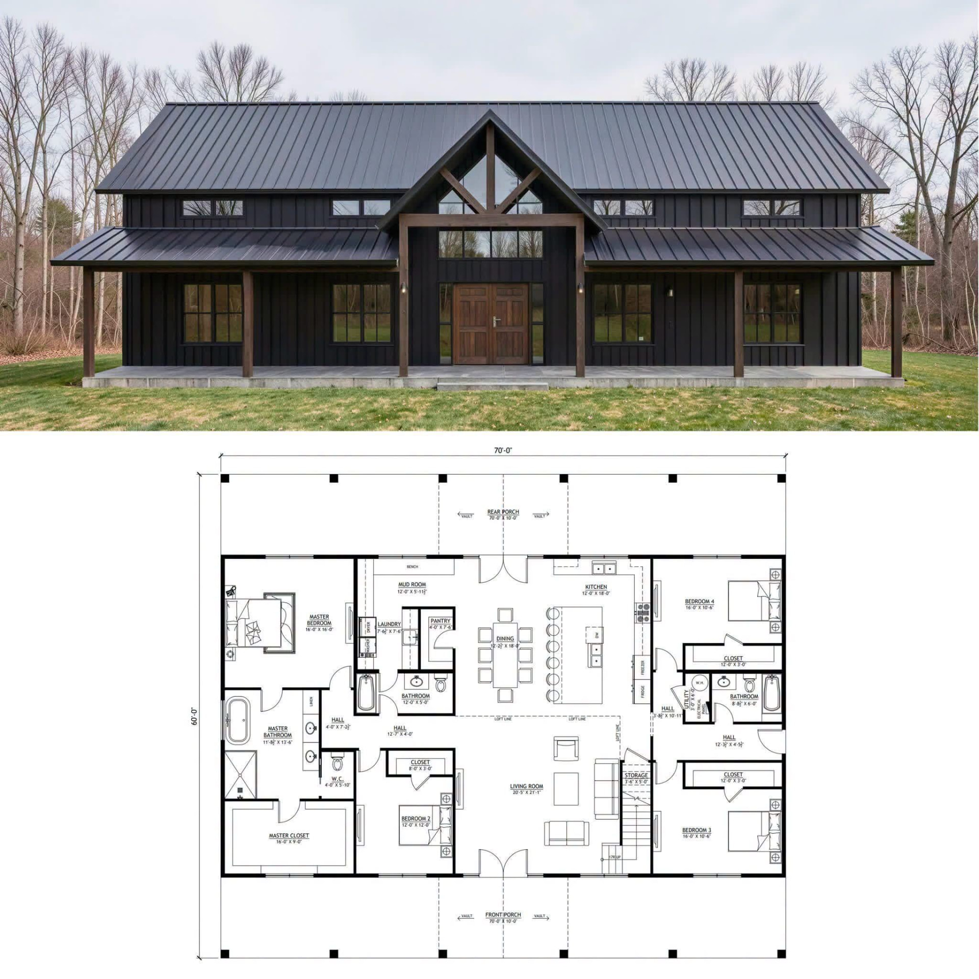 Black barndominium concept with front and rear porches and a 70 by 40 foot floor plan