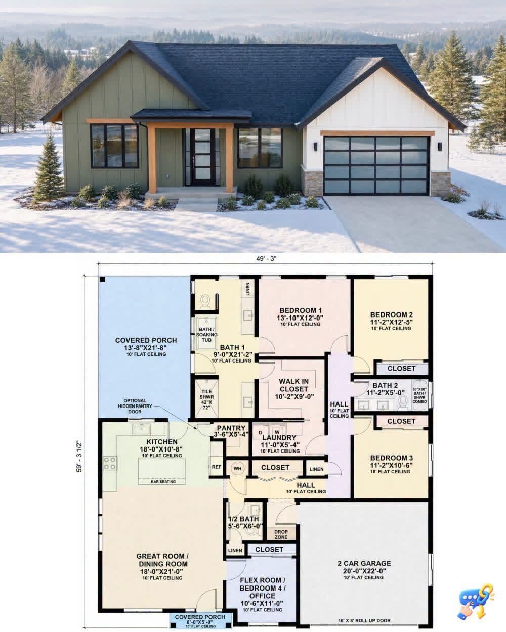Three-bedroom home concept with a two-car garage, covered porch, and floor plan