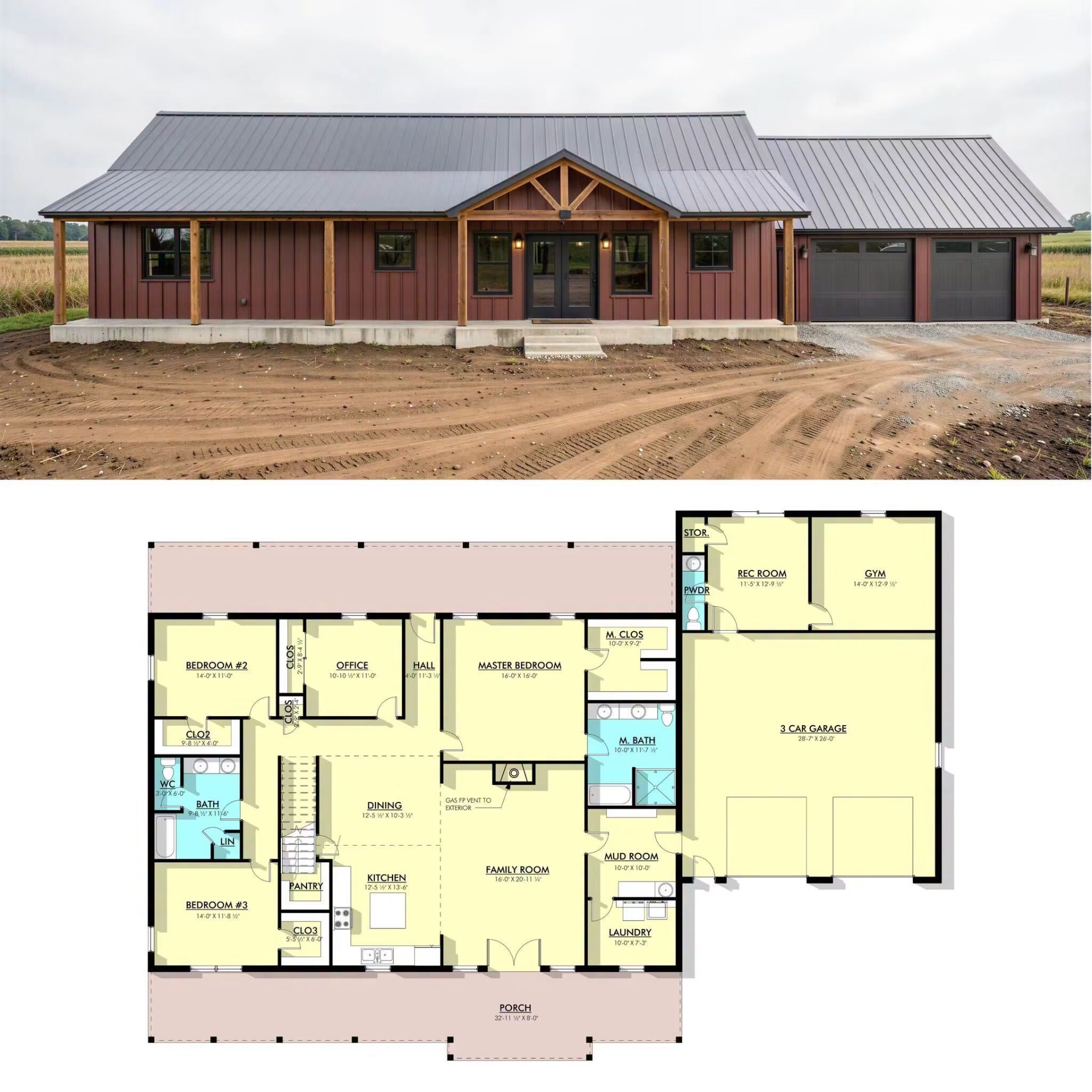 Red barndominium with three-car garage above a three-bedroom floor plan with office, master suite, rec room, gym, mud room, and covered porch
