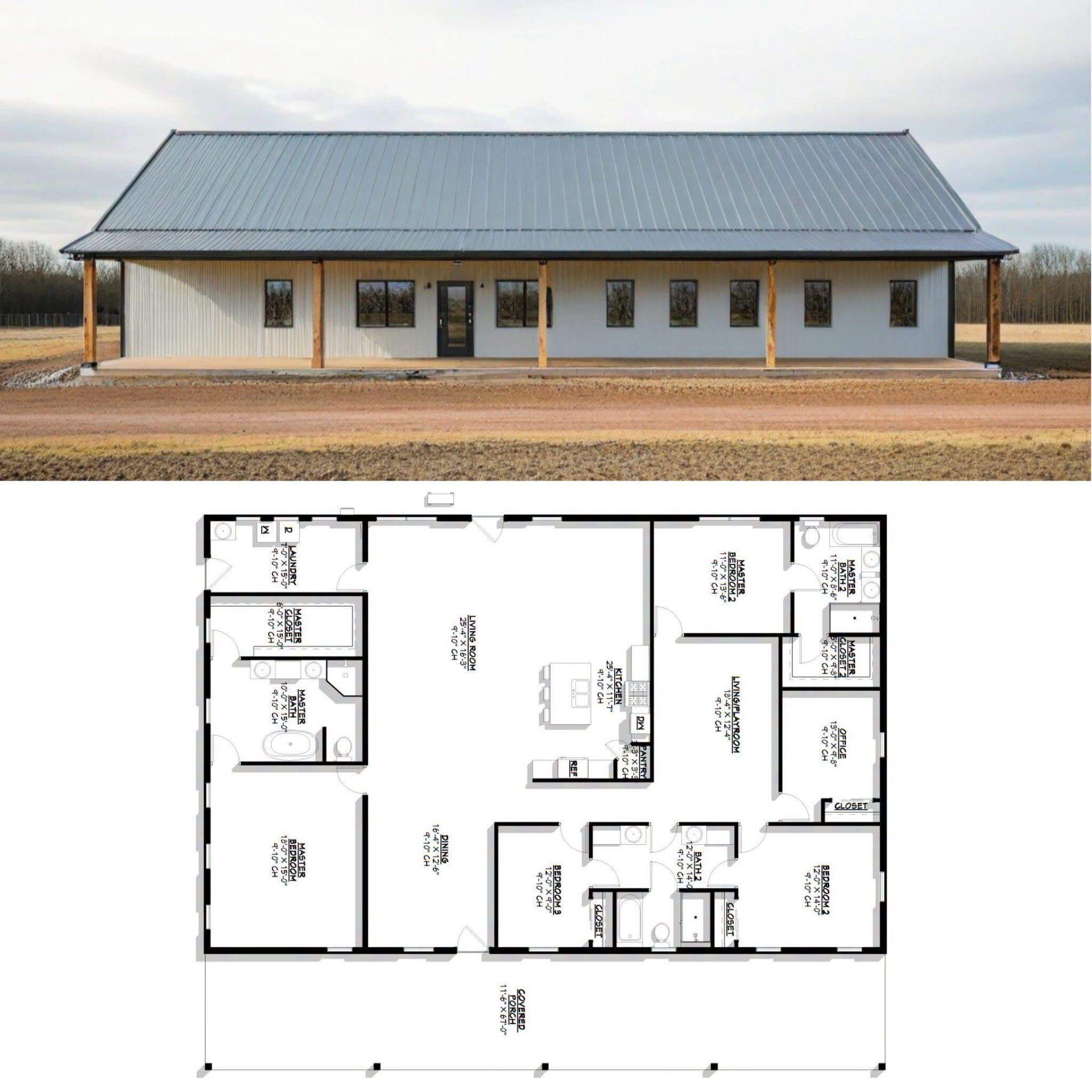 White metal barndominium with wraparound covered porch above a floor plan with two master suites, three bedrooms, office, playroom, and open kitchen