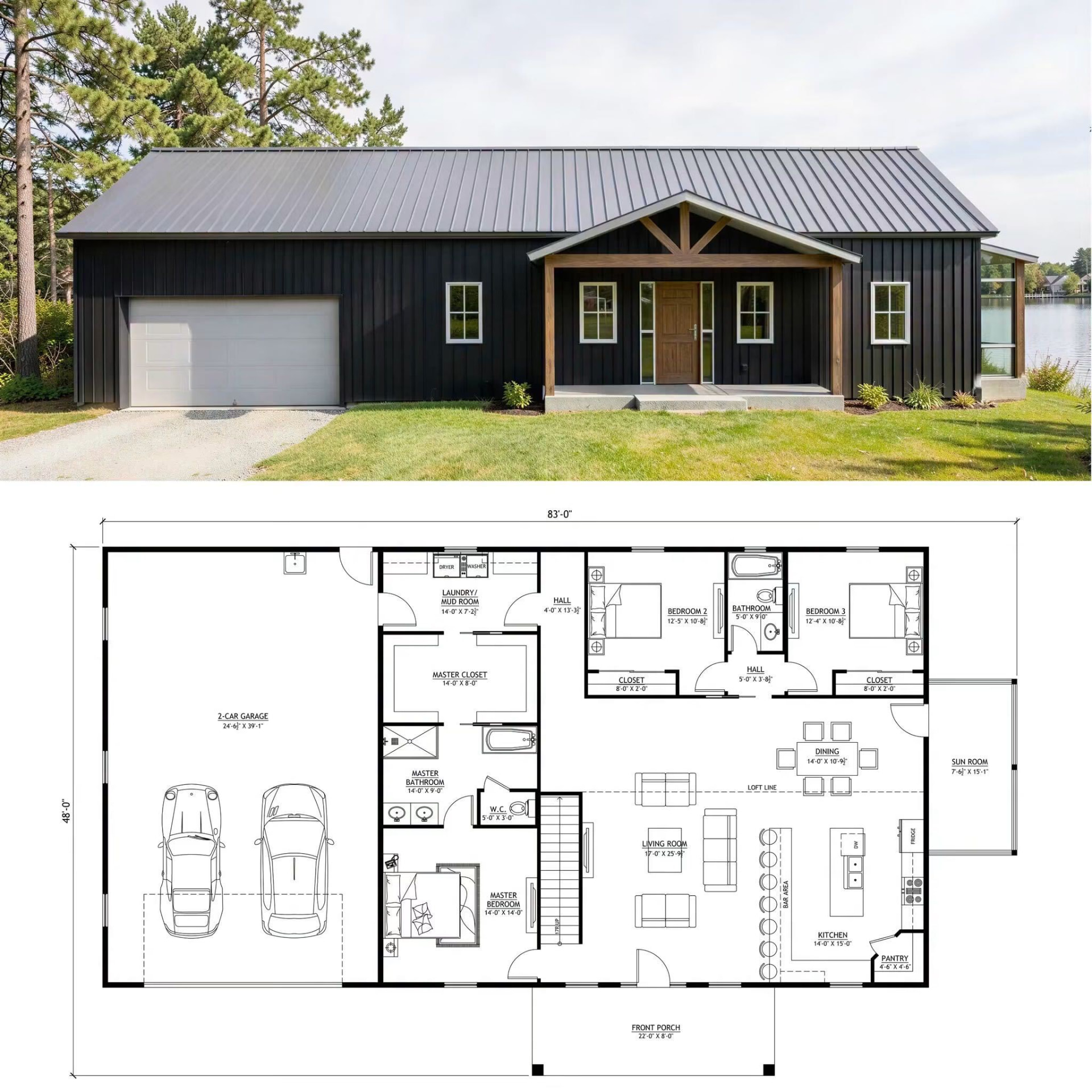 Black metal barndominium with two-car garage above a three-bedroom floor plan with master suite, sun room, living room, and open kitchen