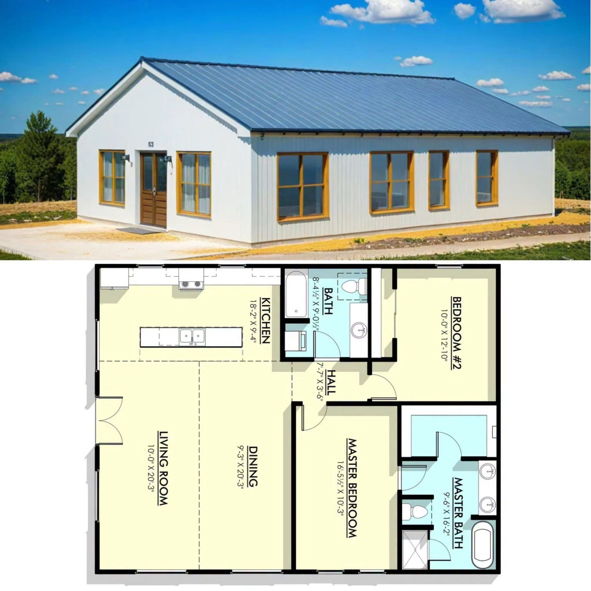 White metal home with wood-trimmed windows above a two-bedroom floor plan with master suite, open living, dining, and kitchen