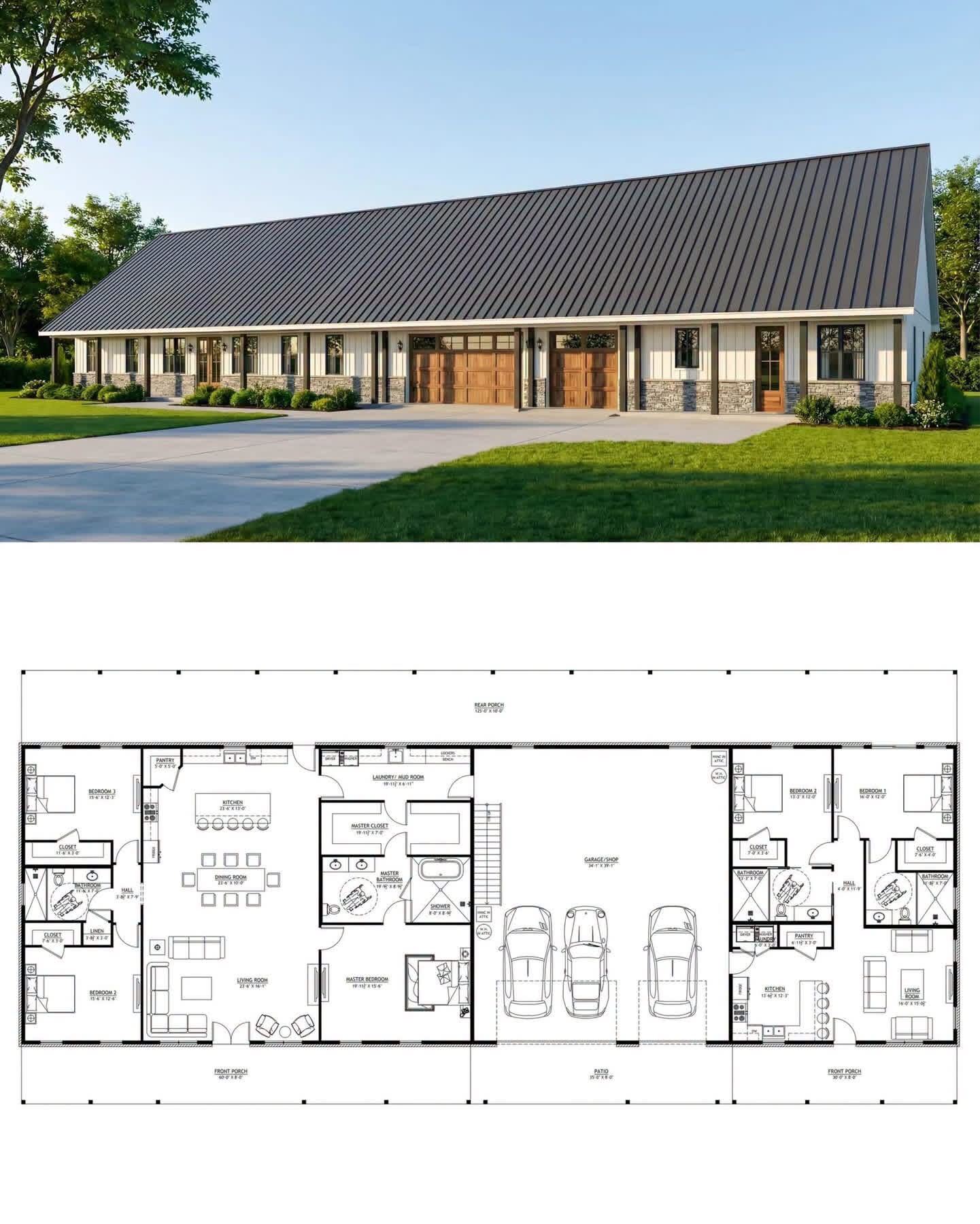 Long barndominium concept with two living areas, a central garage, and floor plan