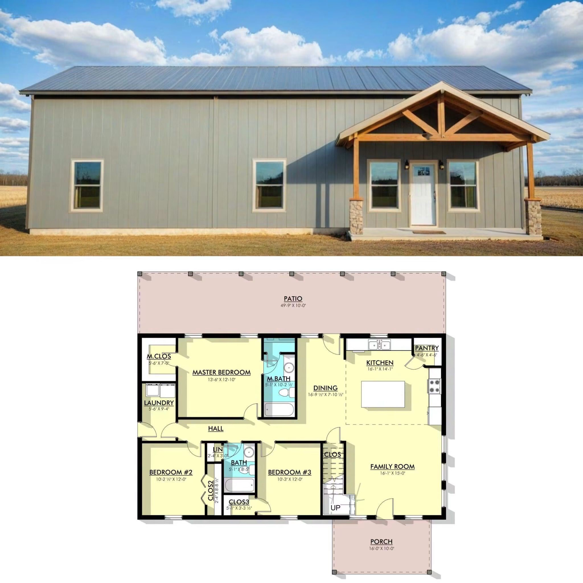 Gray metal barndominium with timber-framed entry porch above a three-bedroom floor plan with master suite, family room, dining, and covered patio