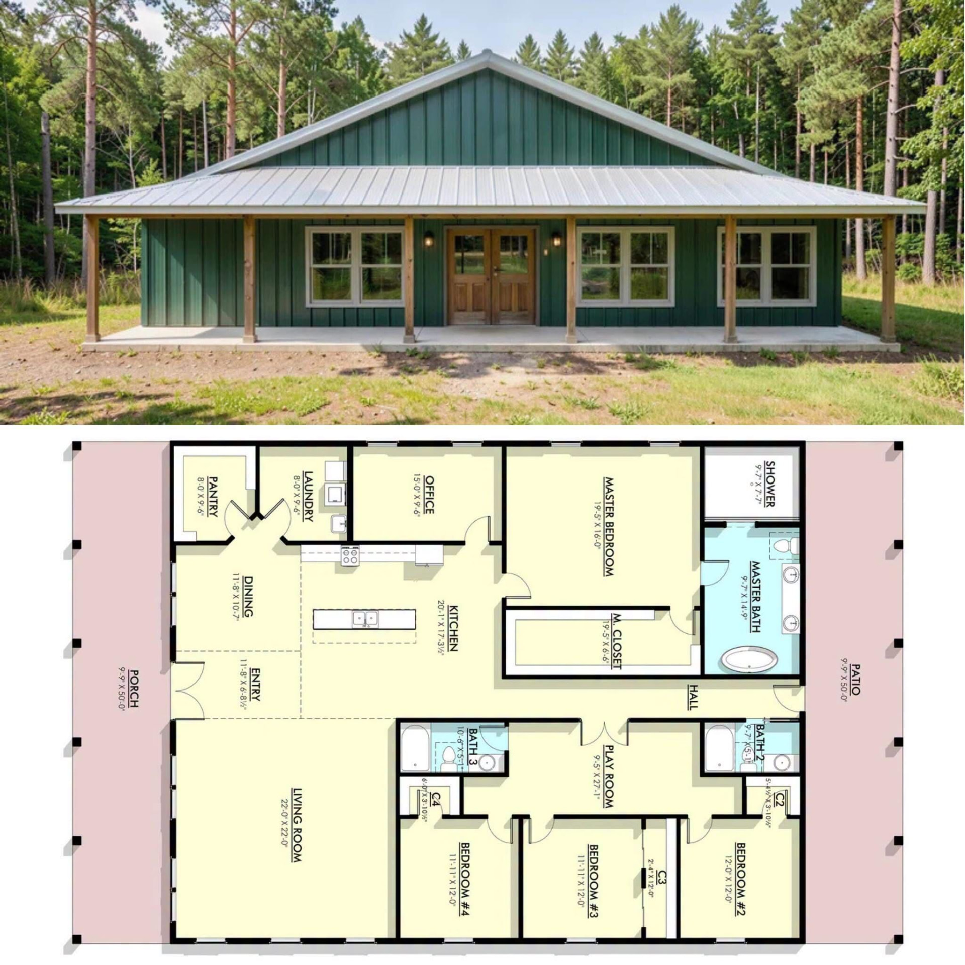Green metal barndominium with wraparound porch above a four-bedroom floor plan with master suite, office, playroom, and open kitchen and living room