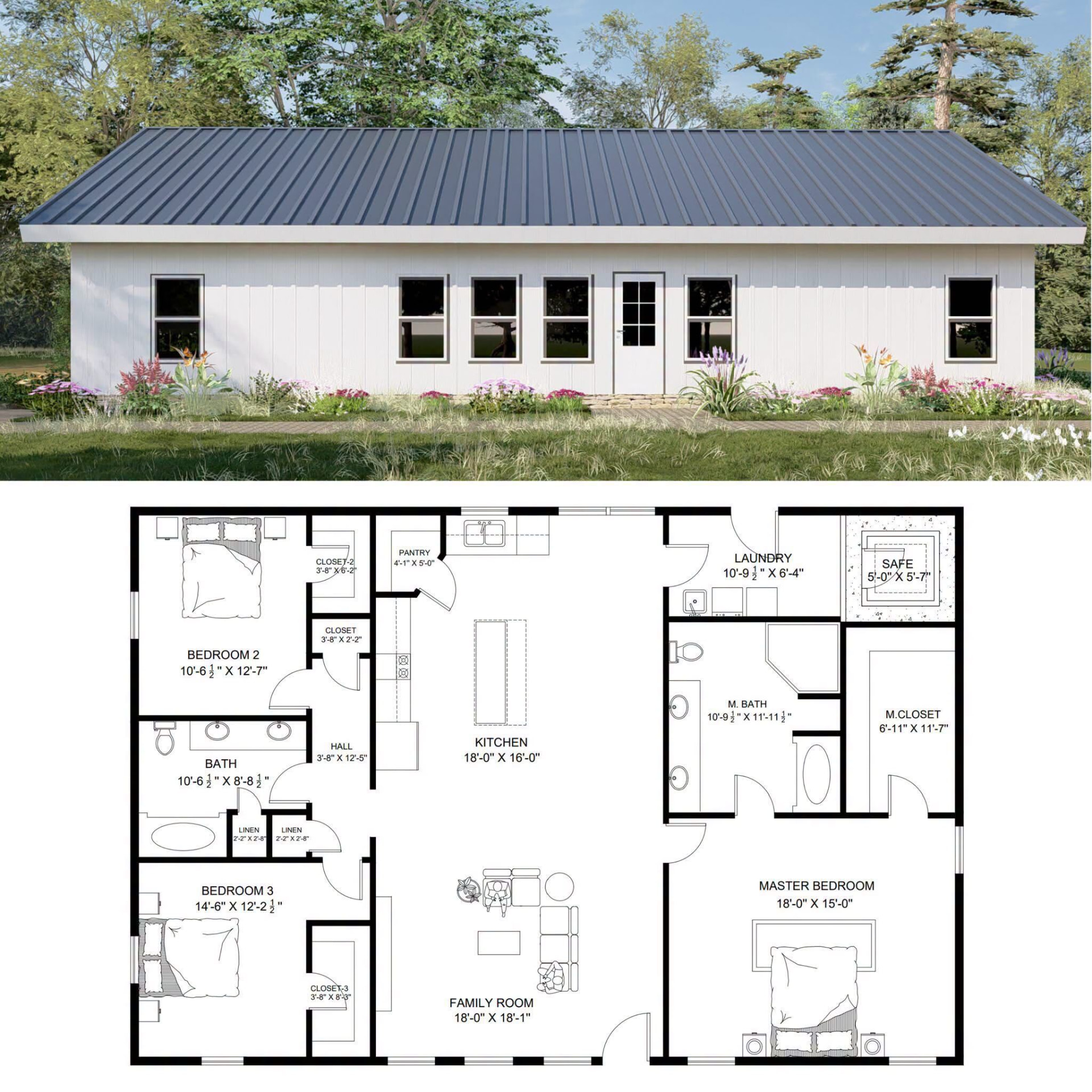 White metal home with standing seam roof above a three-bedroom floor plan with master suite, safe room, laundry, and open kitchen and family room