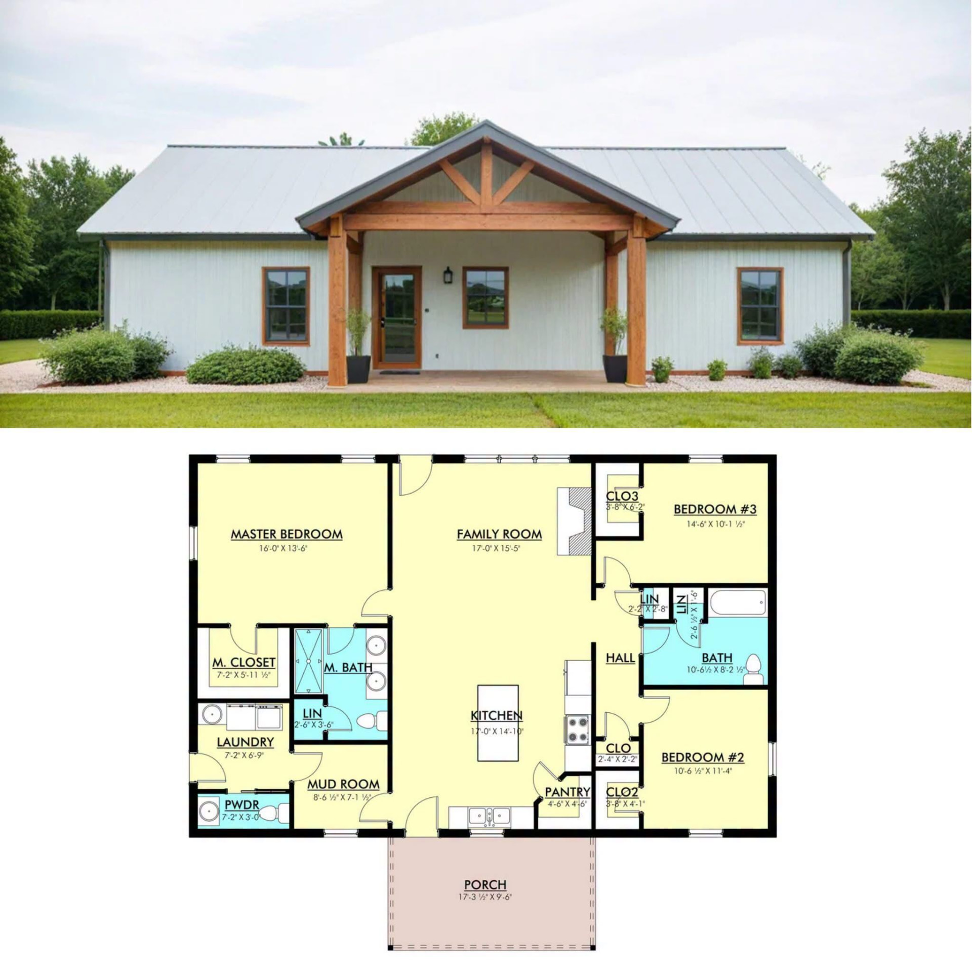 Barndominium with timber-framed front porch above a three-bedroom floor plan with family room, mud room, laundry, and powder bath