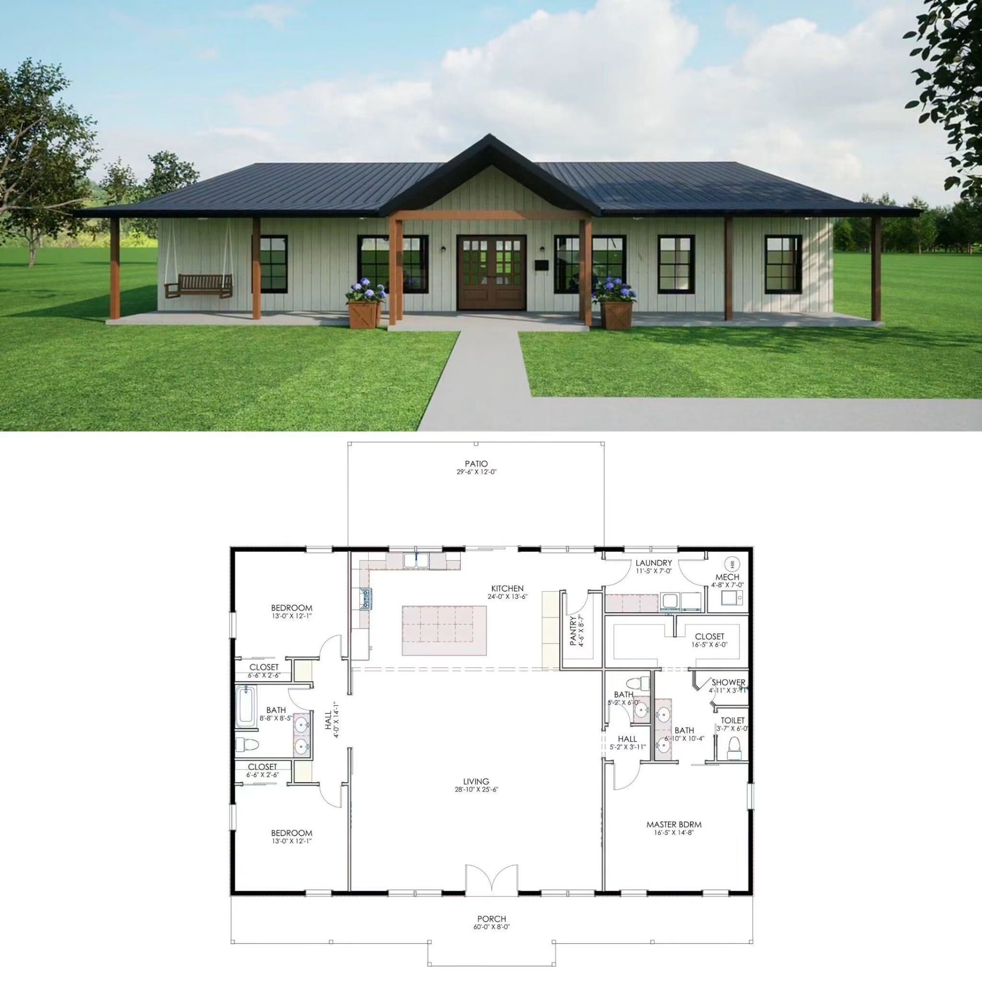 White barndominium with wraparound porch above a three-bedroom floor plan with master suite, open living and kitchen, laundry, and large patio