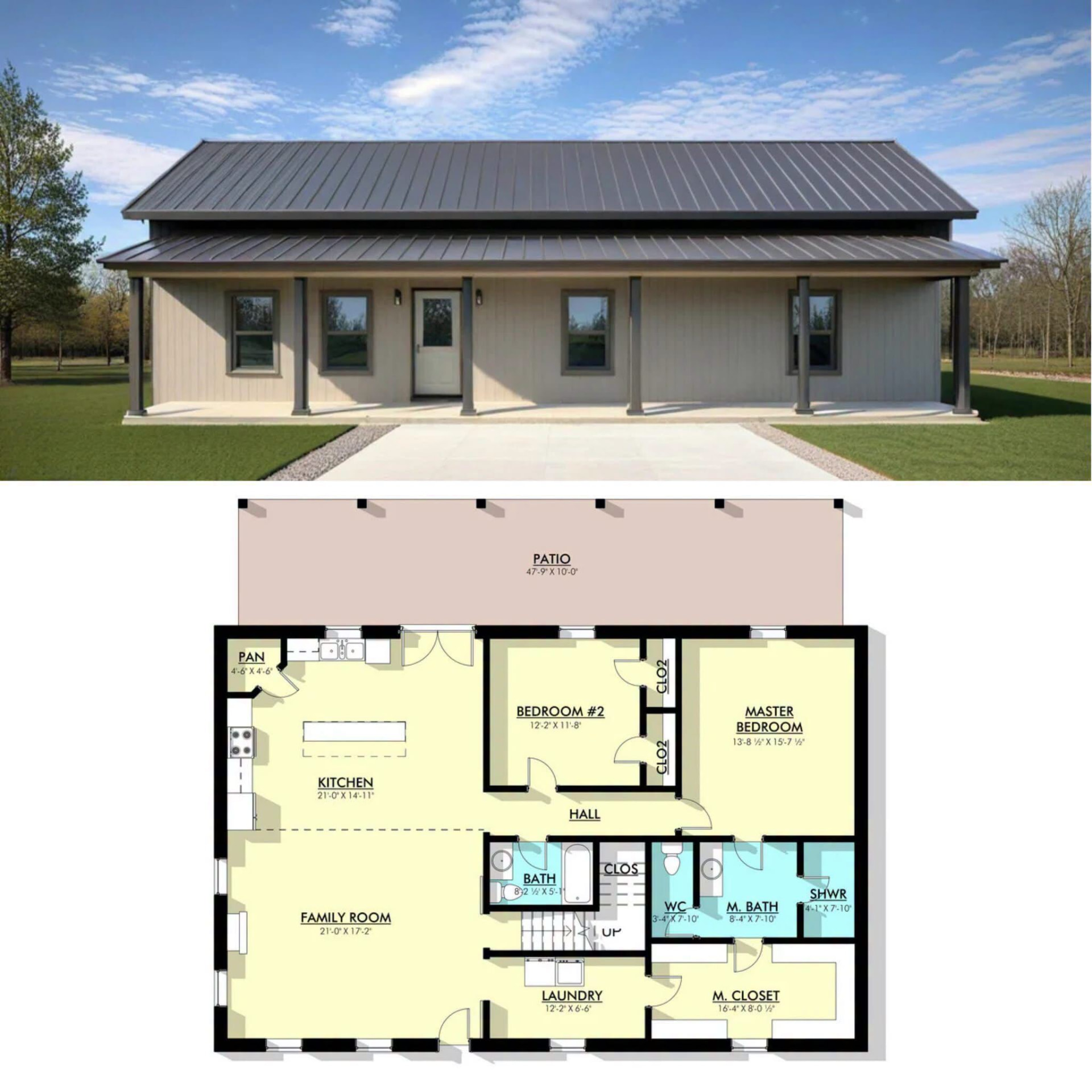 Metal home with full-length covered porch above a two-bedroom floor plan with master suite, large family room, open kitchen, and laundry