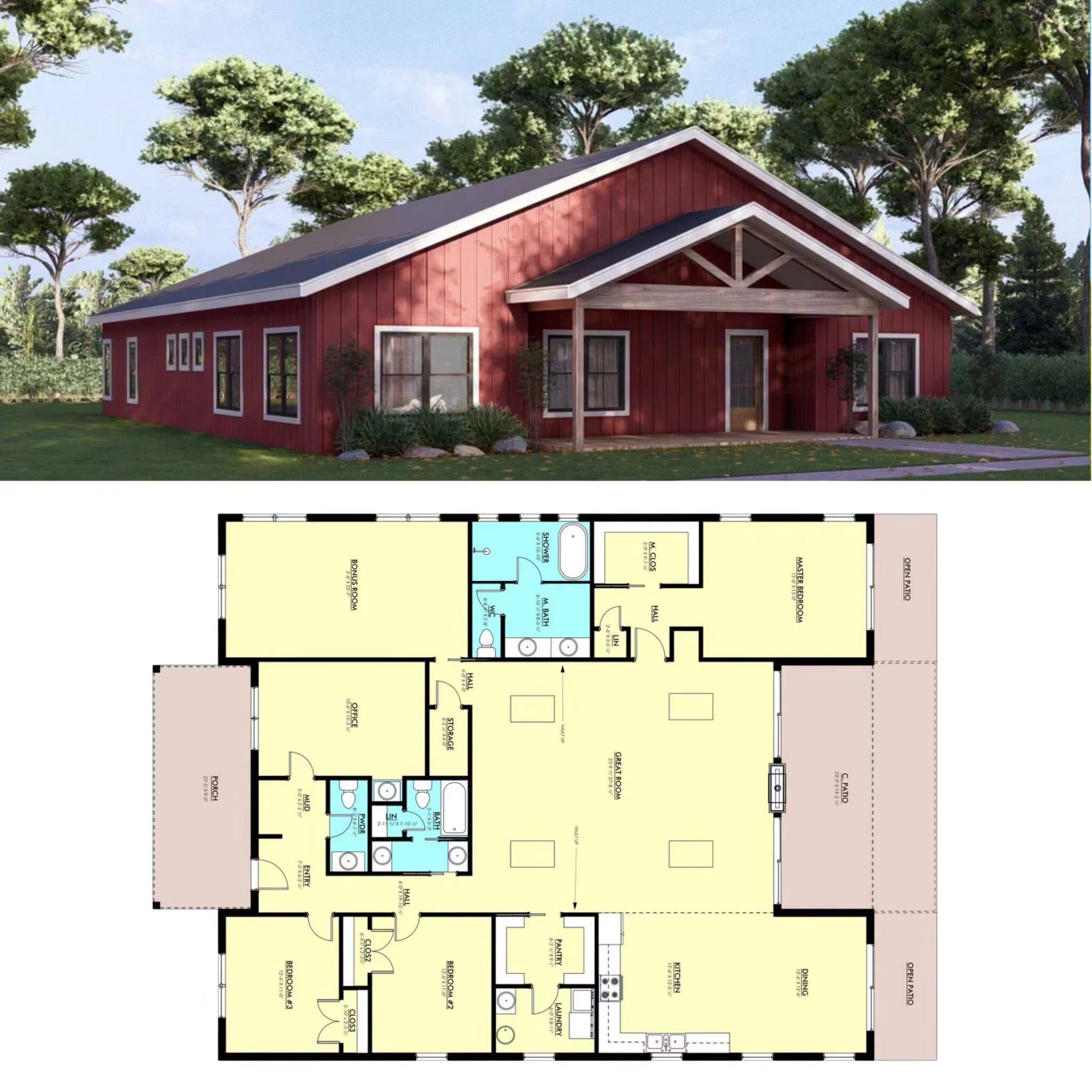 Red barndominium with gabled porch above a three-bedroom floor plan with bonus room, office, vaulted great room, and covered patios