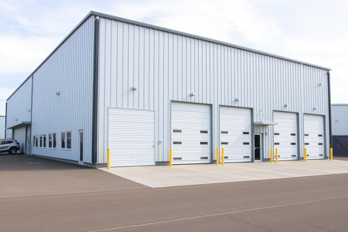 Concept image of a large pre-engineered metal building with multiple roll-up bay doors