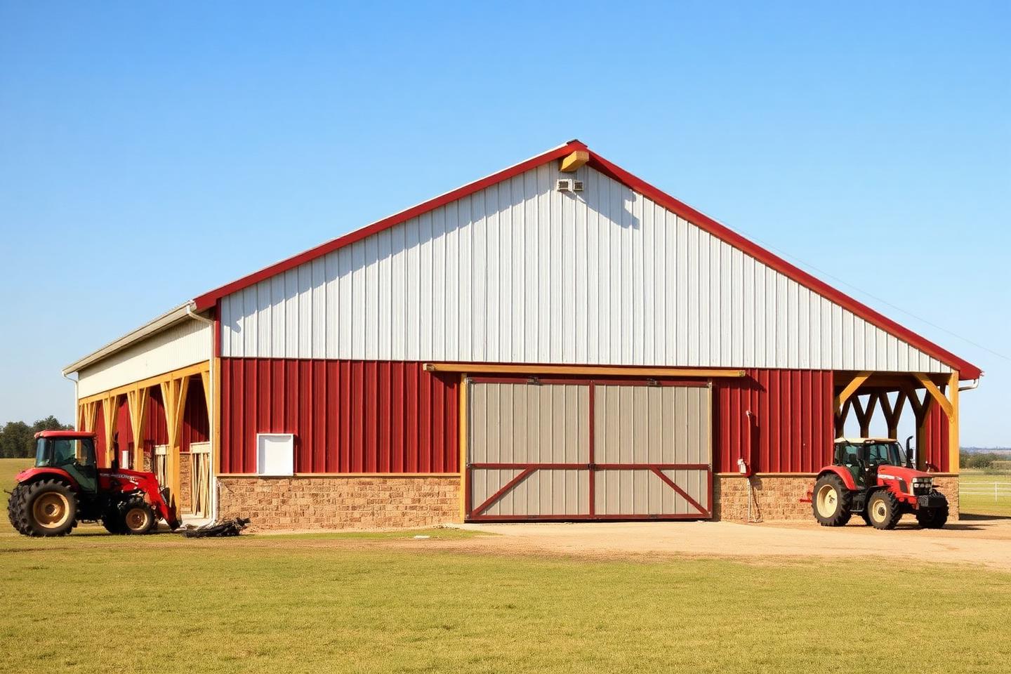 Concept image of a red and white post-frame pole barn on Texas farmland with a tractor beside it