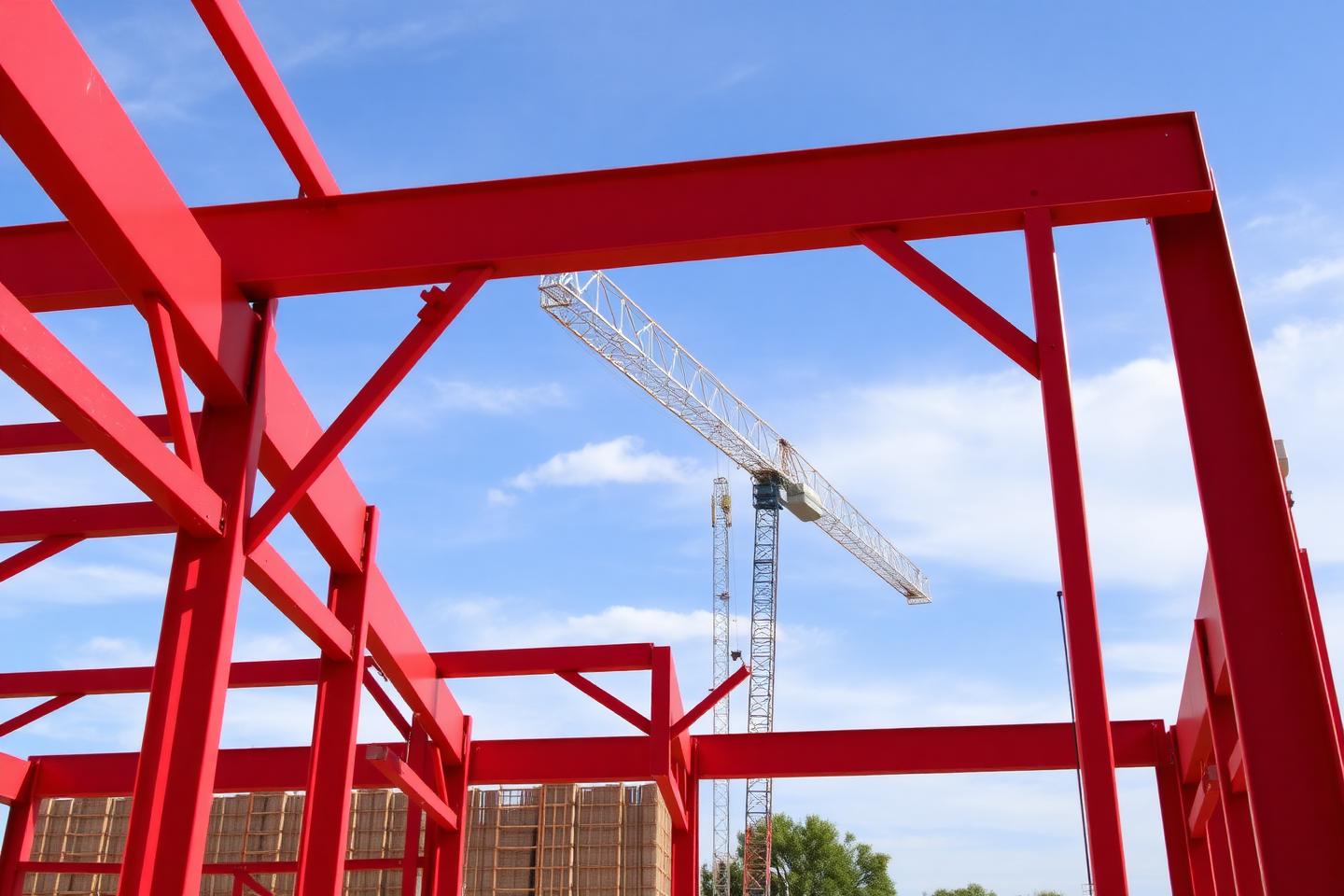 Concept image of red primer-coated structural steel framing for a metal building under a blue sky