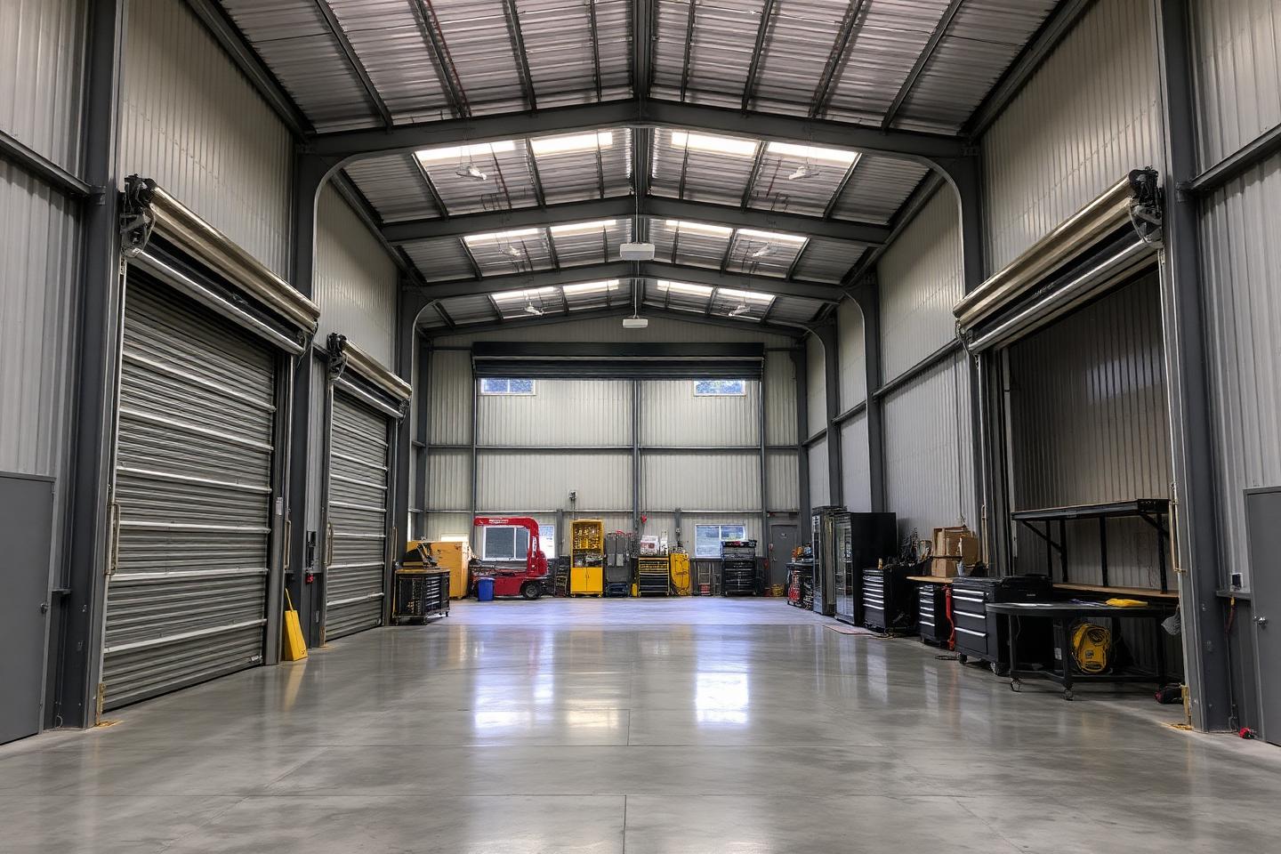 Concept image of a spacious metal workshop interior with roll-up doors, concrete floor and workbenches